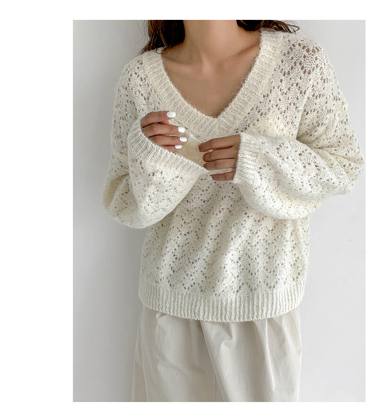 Women V-Neck Hollow Loose Sweater