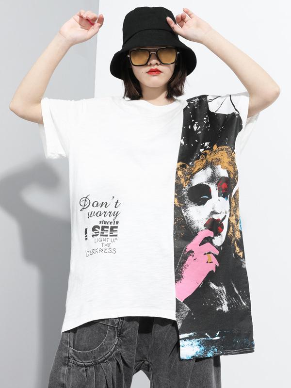 Cropped Loose Print Round Neck T-Shirt