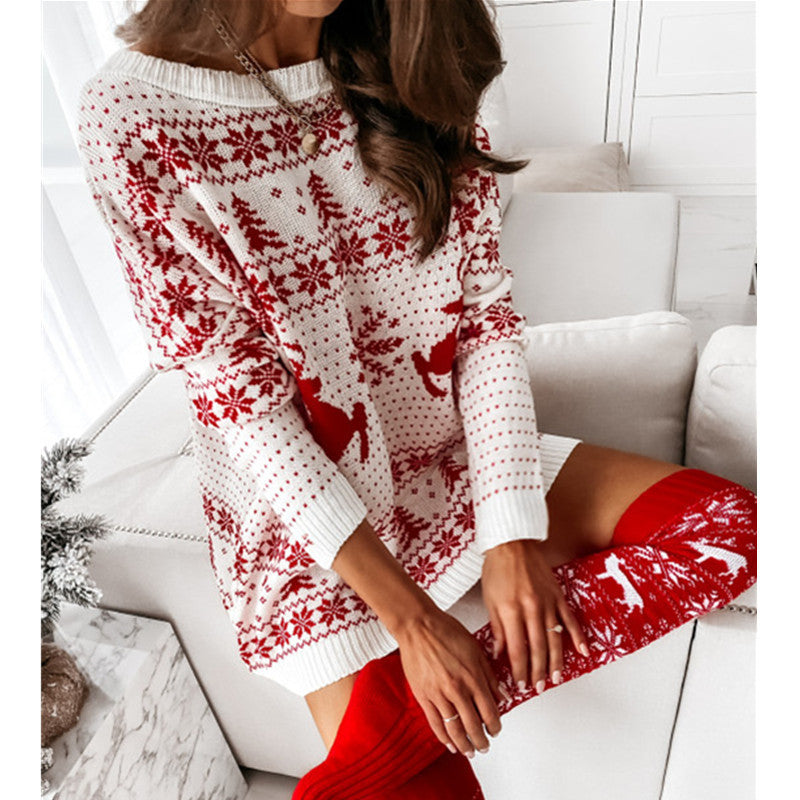 Christmas Jacquard Loose Knitted Long Sleeve Mini Dress