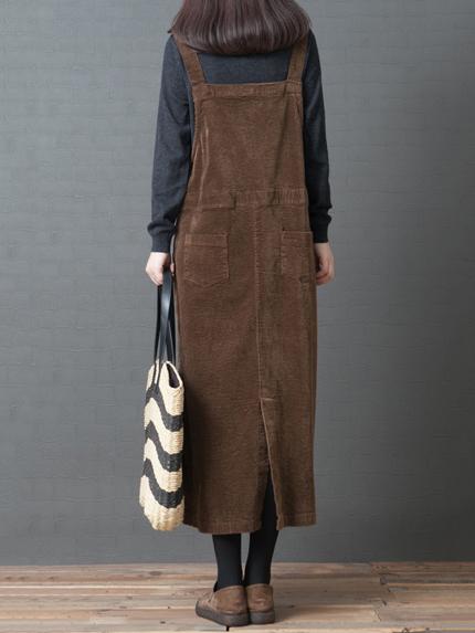 Casual Corduroy Long Suspender Skirt