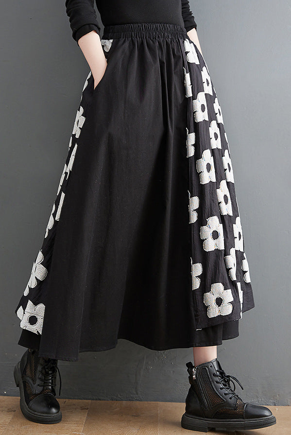Embroidery Splicing Elastic High Waist A-Line Skirt