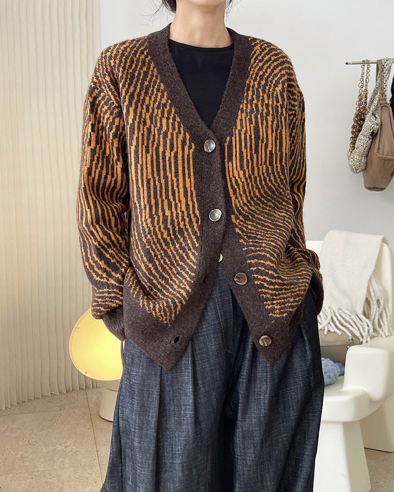 Vintage Abstract Pattern V-Neck Sweater Cardigan