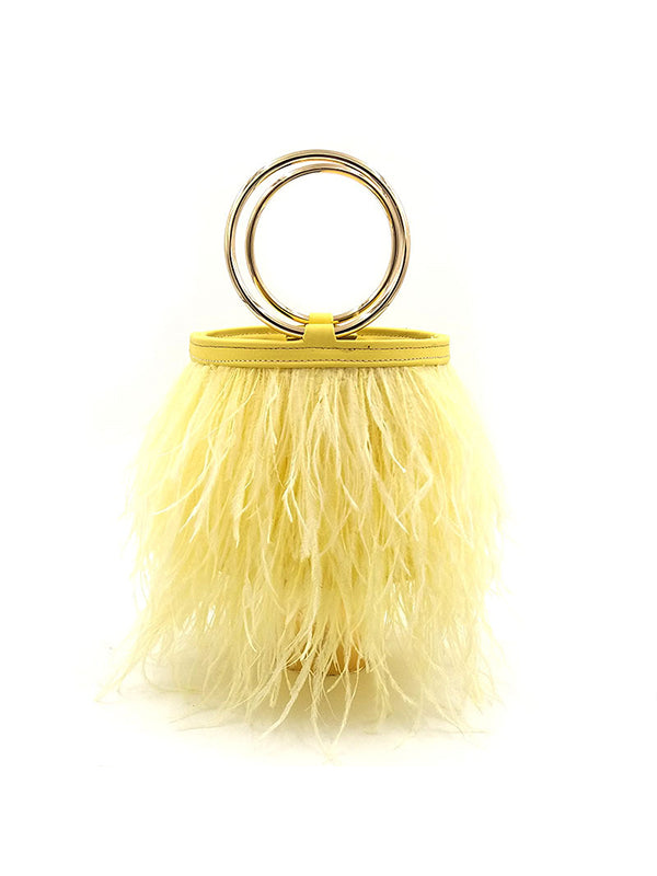 Ostrich Fur Tassel Metal Circle Handbag