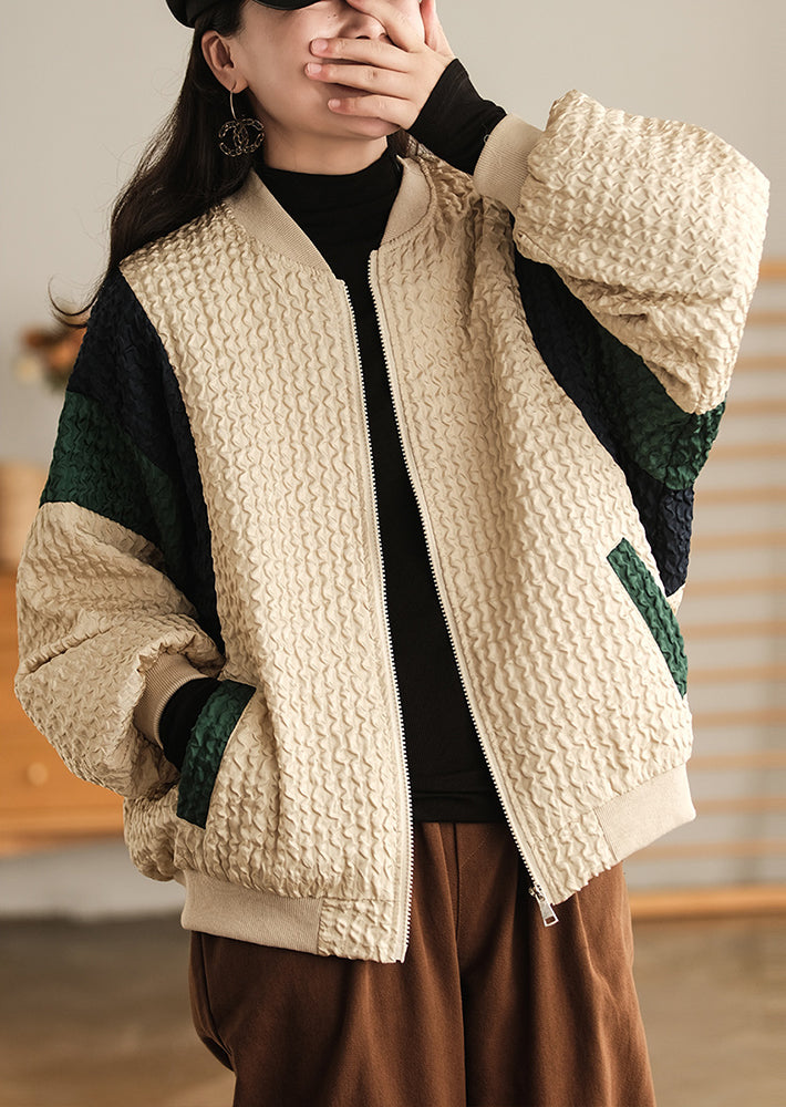 Retro Pleated Contrast Color Zipper Comfortable Sweater Coat