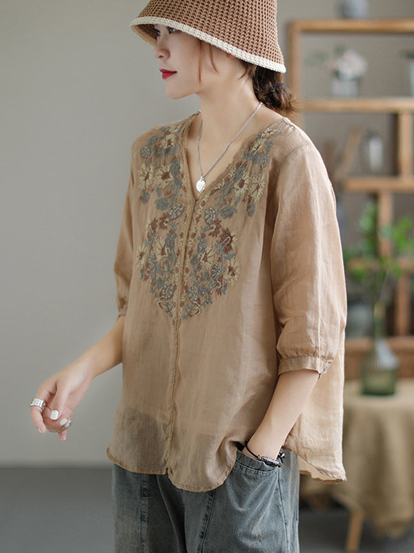 Vintage Embroidery V Neck Short Sleeve Thin T-Shirt