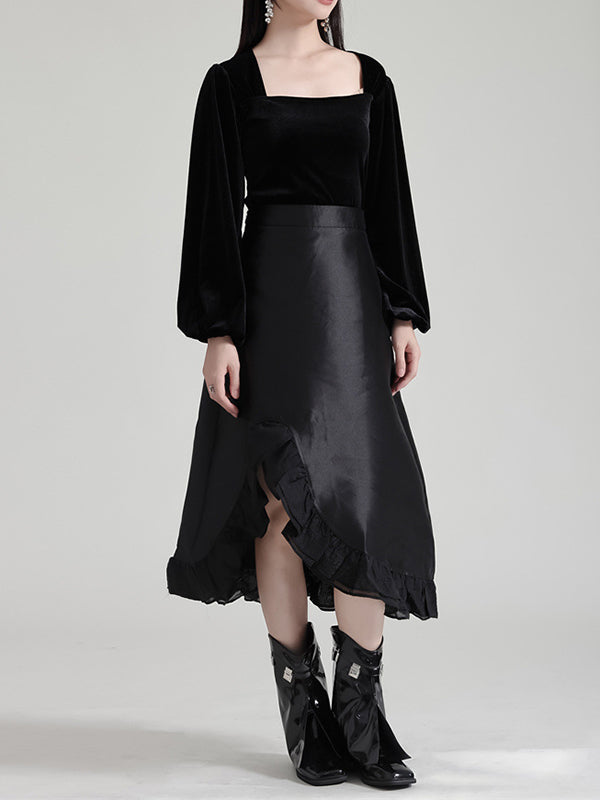 Asymmetric Ruffled Solid Color Split-Joint High Waisted Skirts Bottoms