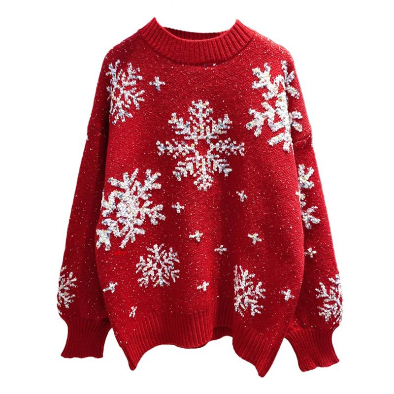 Christmas Snowflake Jacquard Round Neck Sweater