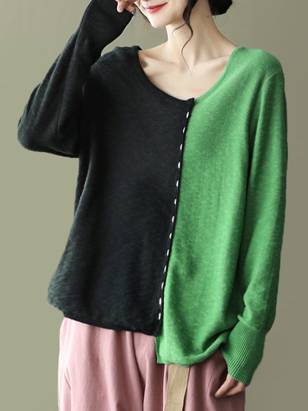 Retro And Loose Color Block Knitted Round Neck Top