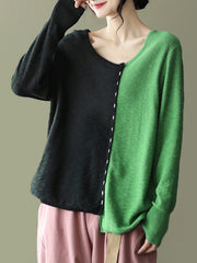 Retro And Loose Color Block Knitted Round Neck Top