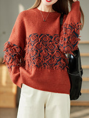 Vintage Jacquard Tassel Round Neck Knitted Loose Sweater