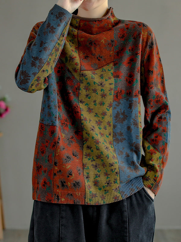 Splicing Print Vintage Pullover Sweater