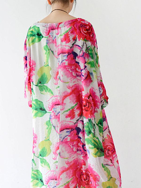 Ethnic Style Floral A-Line Loose Seven-Quarter Sleeve Long Dress