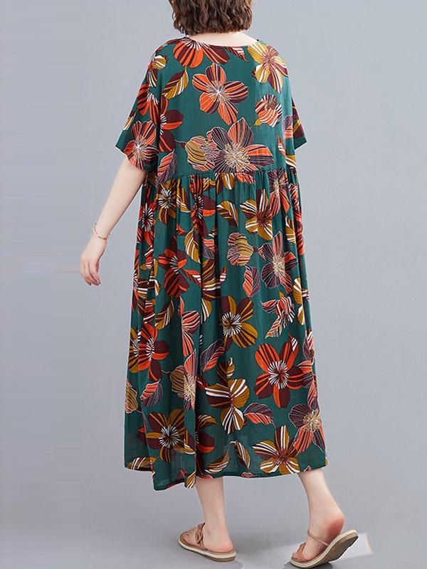 Vintage Floral Round-Neck Short Sleeve Dress