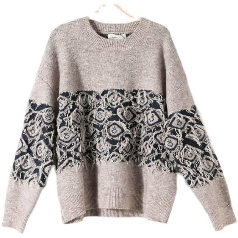 Vintage Jacquard Tassel Round Neck Knitted Loose Sweater