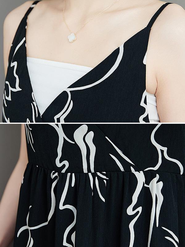 Fashion Printed V-Neck Suspender Dress