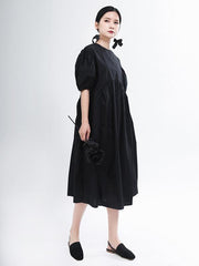 Loose Solid Color Puff Sleeve A-Line Dress