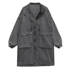 Women Solid Color Lapel Casual Denim Jacket