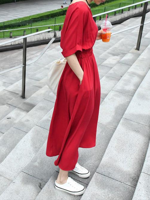 Loose Solid V-neck Short Sleeves Dress