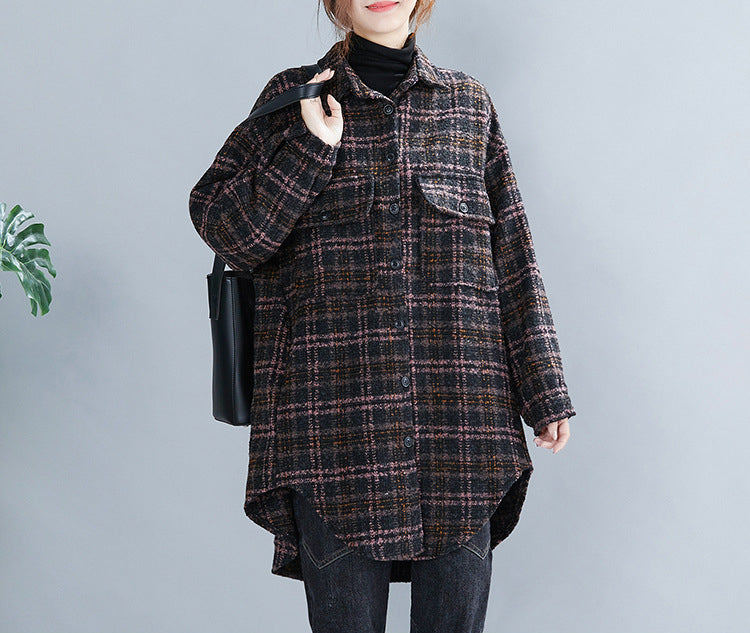 Large Size Loose Mid-Length Plaid Thick Woolen Coat