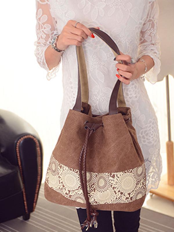 Ethnic Style Printed Canvas Drawstring Bucket Bag