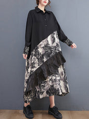 Loose Print Patchwork Shirt Midi Dress