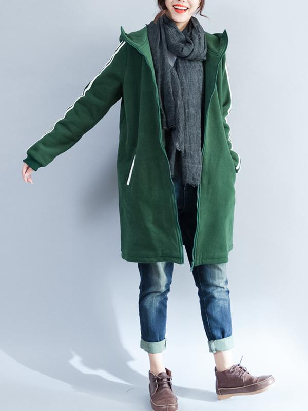 Loose Zipper Stripes Hoodie Long Coat