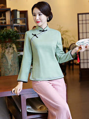 Gray-green Ramie Cotton Cheongsam Tops