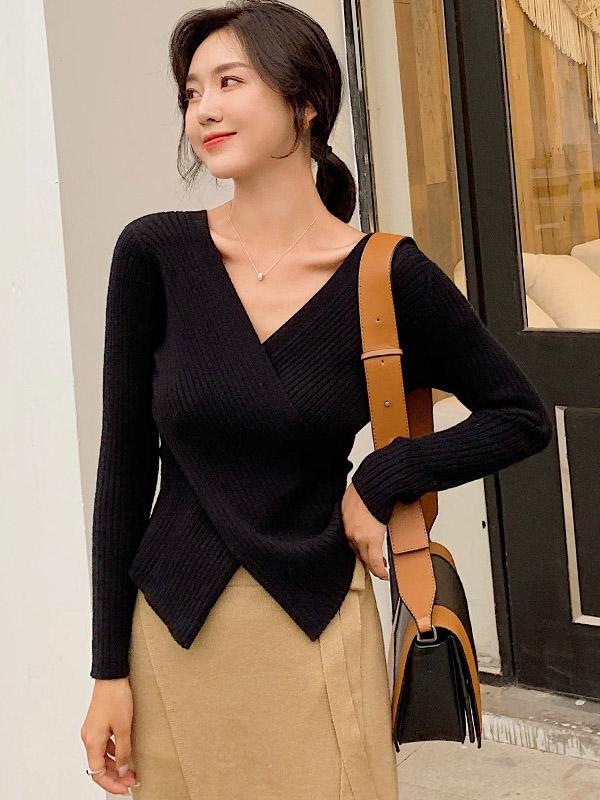 Solid Cross V-Neck Cropped Knitting Sweater