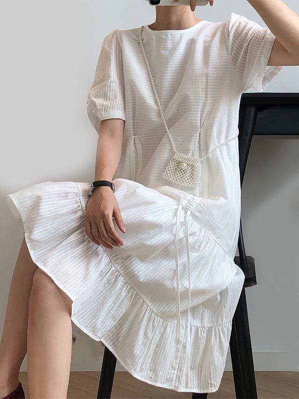 White Drawstring Pleated Puff Sleeve Dress