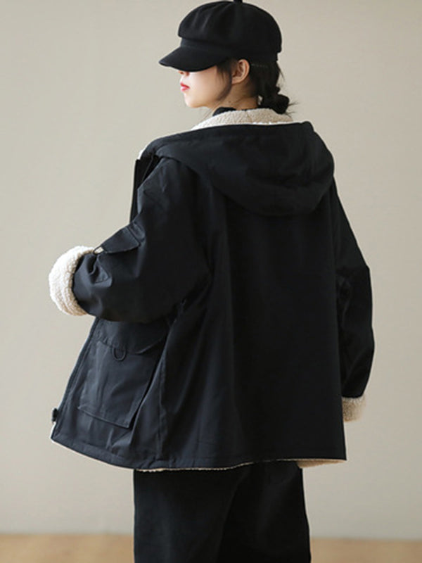 Artistic Retro Long Sleeves Loose Keep Warm Fleece Lining Zipper Hooded Outerwear