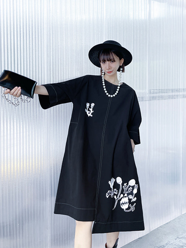 Irregular Printed Three-Quarter Sleeves Midi Dress