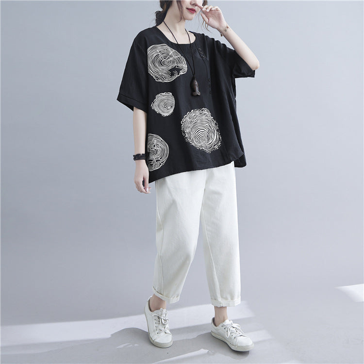 Women Irregular Print Casual Loose T-Shirt