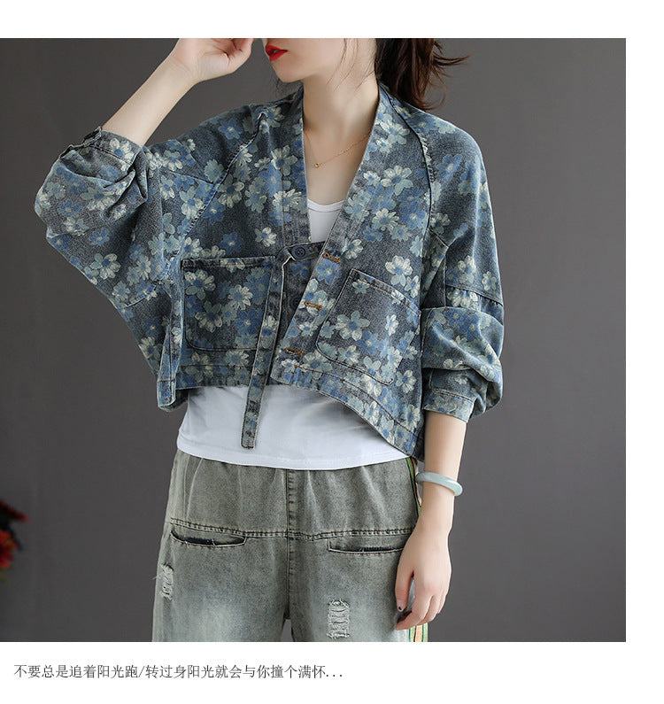 Vintage Print Bat Long Sleeve Loose Button Casual Jacket