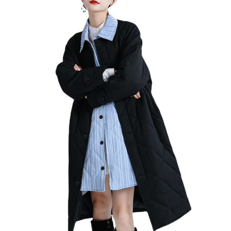 Retro Splicing Lapel Collar Midi Cotton Outwear