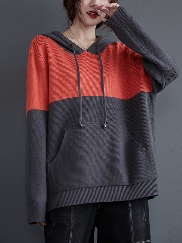 Hooded Color-Block Loose Sweater