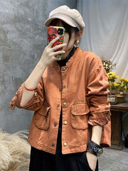 Women Retro Stand Collar Solid Color Coat