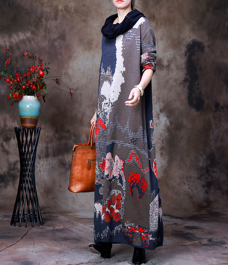 Round Neck Print Knit Midi Dress