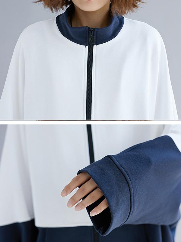 Contrast Color Bat Sleeve Zipper Outwear