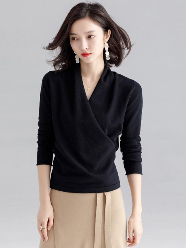 Cross V-Neck Solid Knitting Sweater