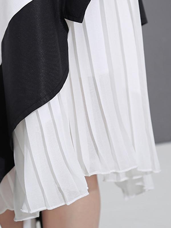 Asymmetric Contrast Color Pleated Splicing A-Line Skirt