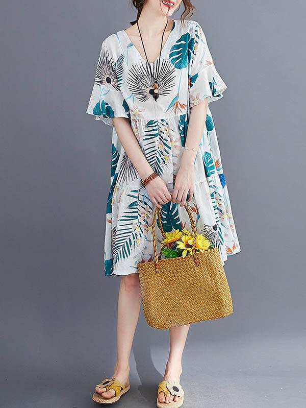 Fashion 2 Colors Printed V-Neck Dress