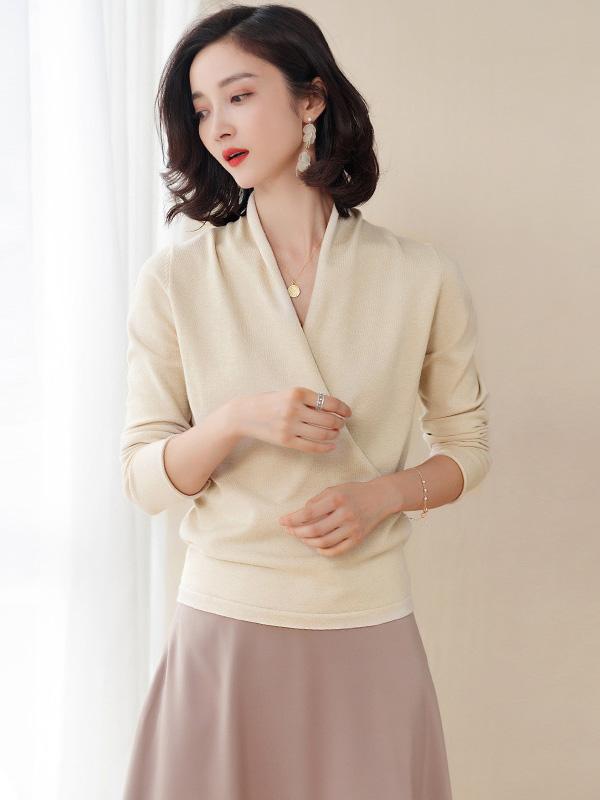 Cross V-Neck Solid Knitting Sweater