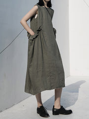 Round Neck Solid Color Mori Linen Midi Dress