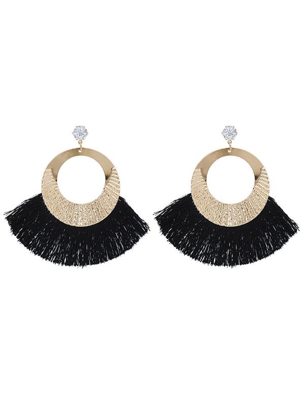 Rhinestone Tasseled Metal-ring Big Earrings