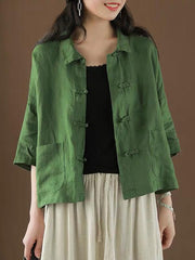 Casual Retro Lapel Frog Linen Shirt Top