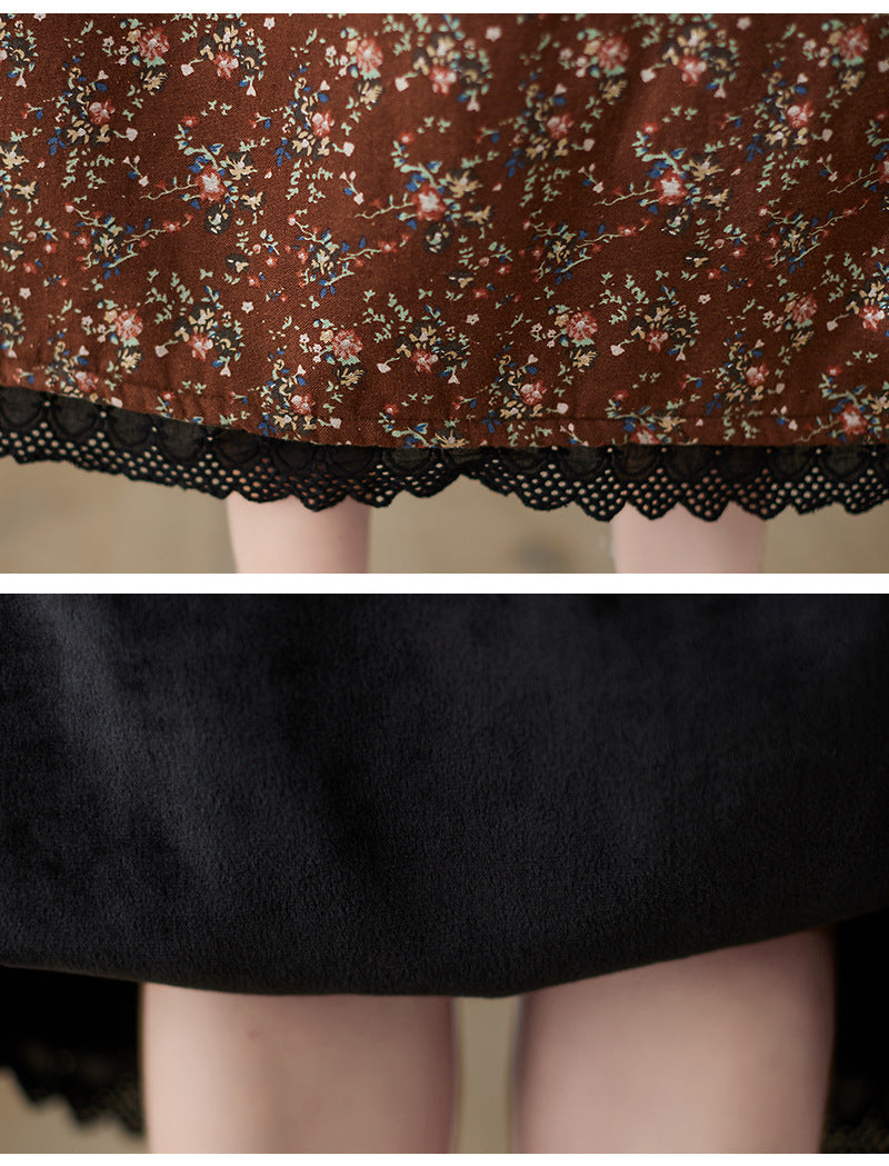 Patchwork Collar Floral Lace-Up Long Midi Dress