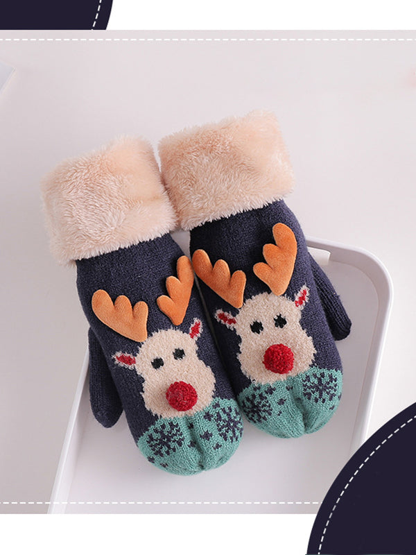 Women Plus Velvet Cartoon Printing Gloves