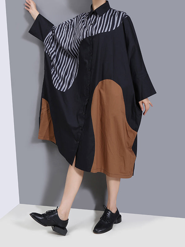 Long Sleeves Split-Joint Contrast Coloe Maxi Dress