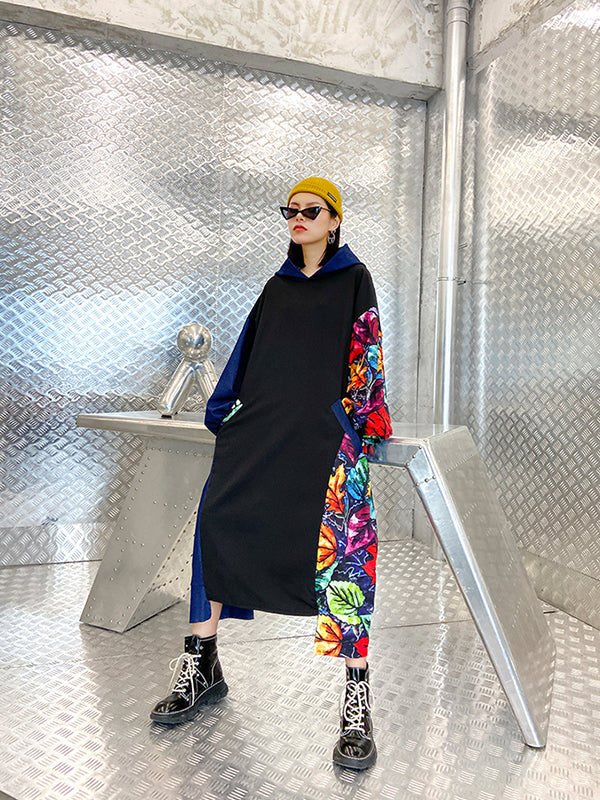 Split-Joint Hooded Floral Printed Midi Dress