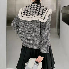 Retro Houndstooth Embroidered Lace Collar Outwear